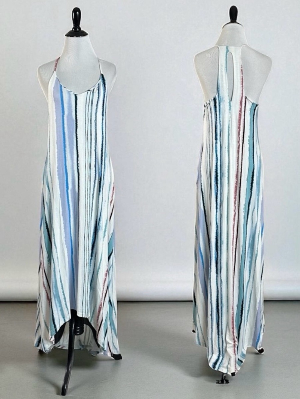 Anthropologie Antibes Blanc Halter Maxi Dress in Watercolor Stripes Medium NWT